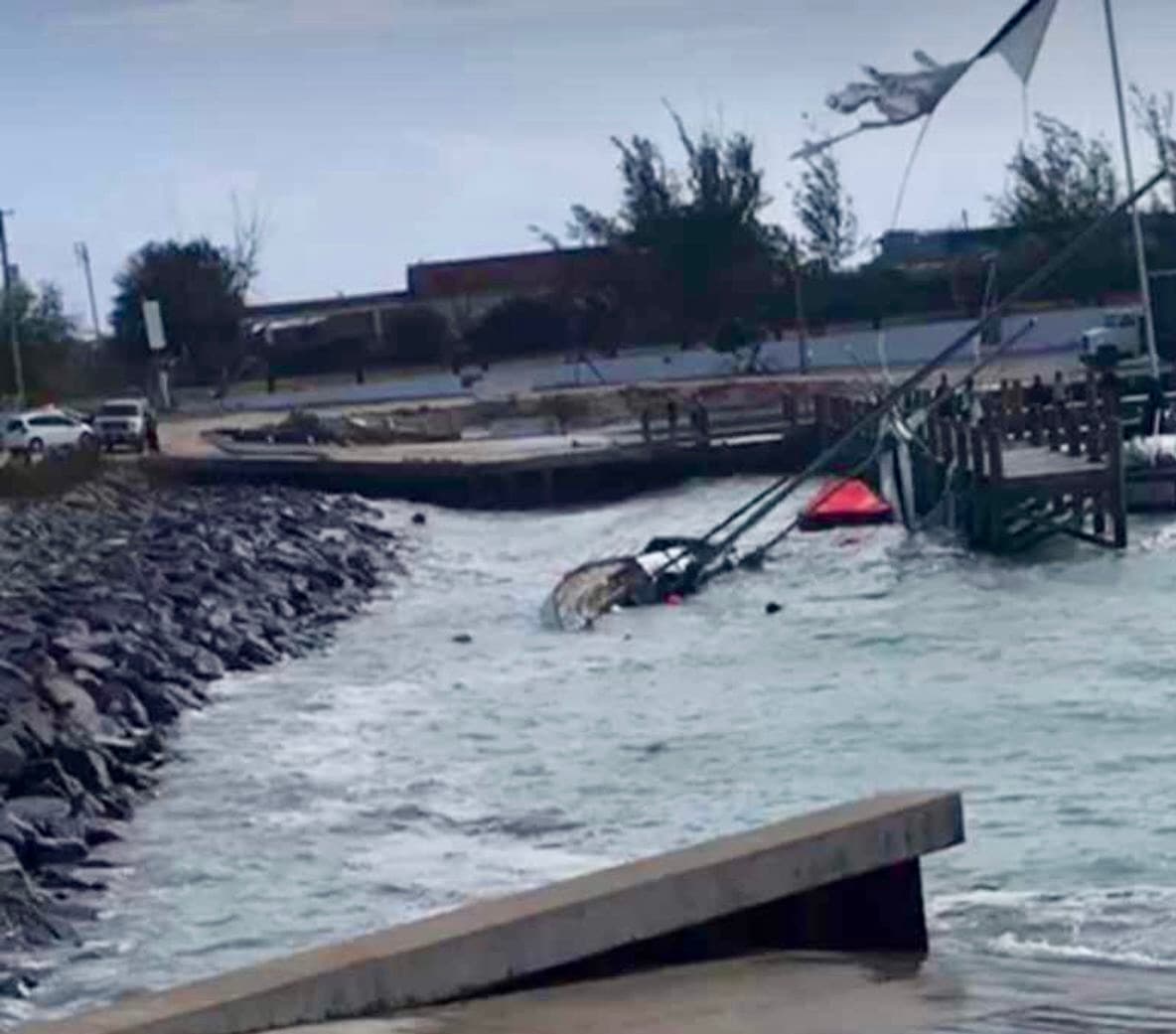 Mahalkita partially submerged after the dock failure in Inagua, Bahamas