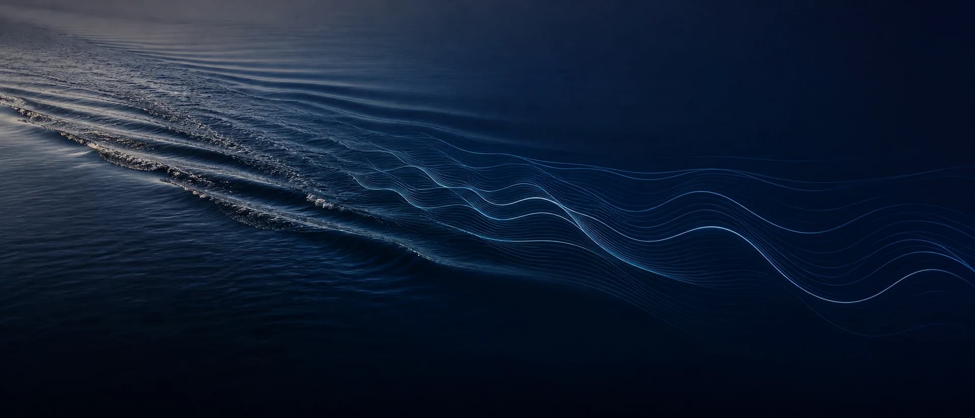 A vessel wake gradually transitioning into abstract rhythmic motion traces.