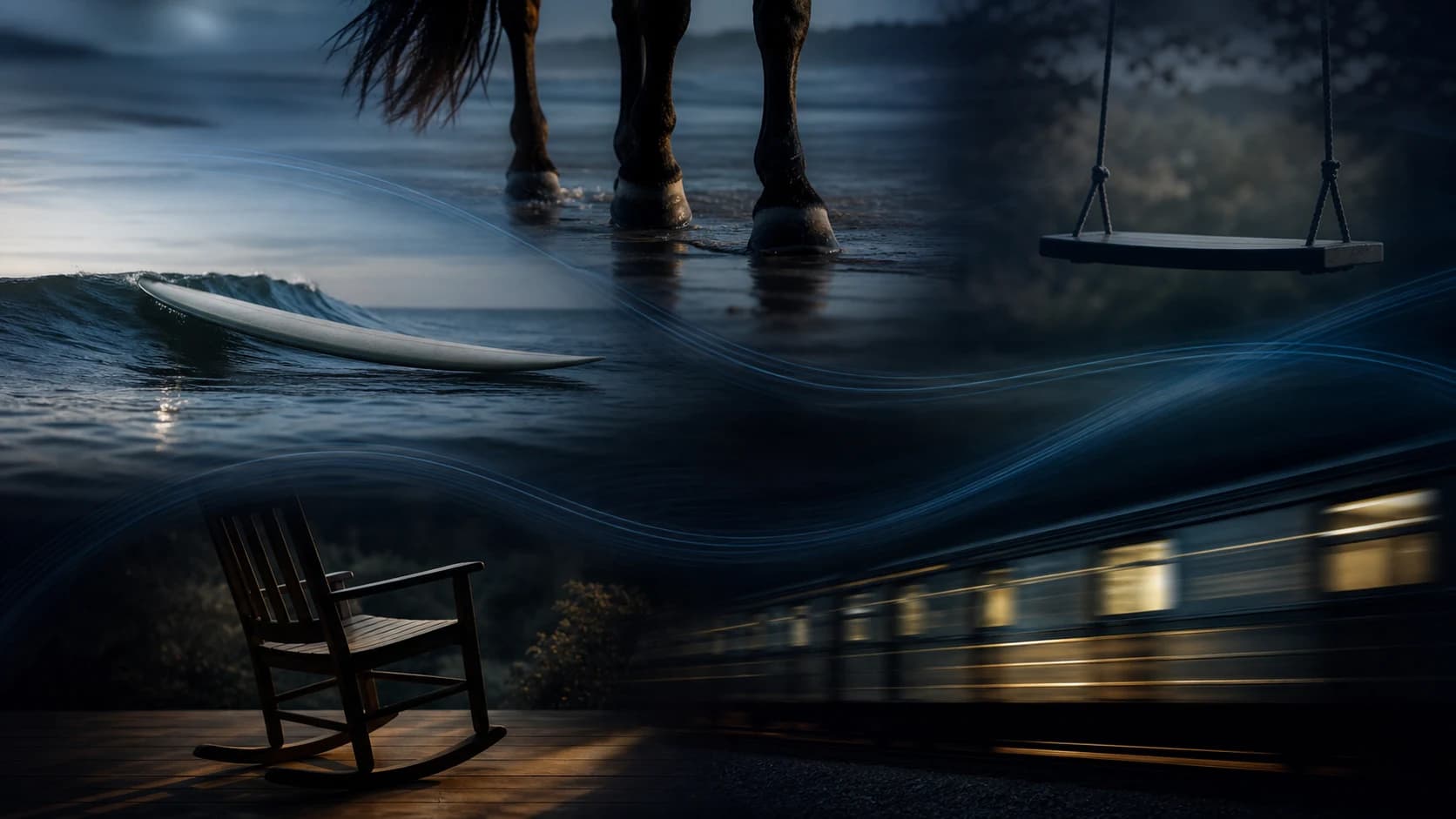 A conceptual composition connecting a walking horse, surfboard, empty swing, rocking chair, and passing train through rhythmic motion.