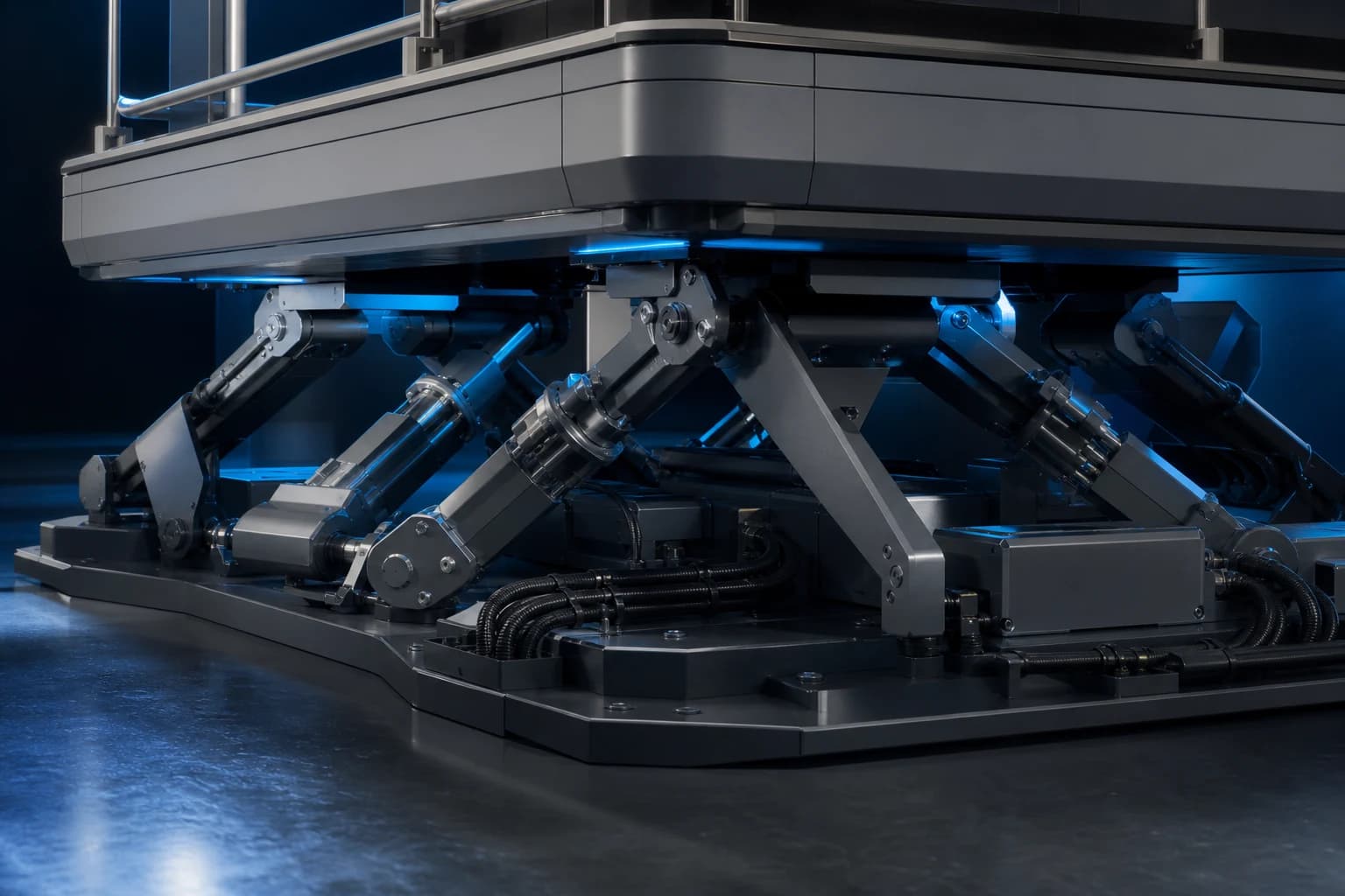 Conceptual close view of a multi-axis motion-platform mechanism.